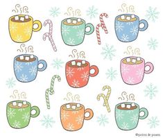 coffee mugs with candy canes and snowflakes are shown in different colors