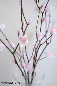 pink flowers are blooming on the branches of a tree in front of a white wall