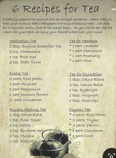 the recipe for tea is written in black and white