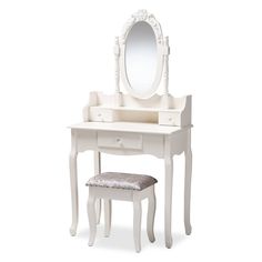 a white dressing table with a mirror and stool next to it on a white background