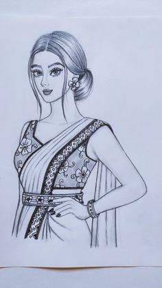 a drawing of a woman wearing a sari and holding her hands on her hips