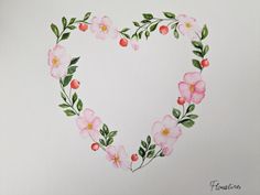 a watercolor drawing of a heart shaped frame with pink flowers and green leaves on it