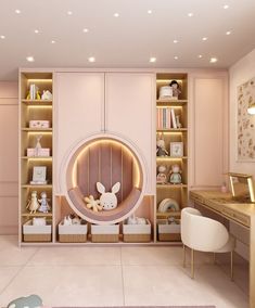 a child's room with pink walls and furniture