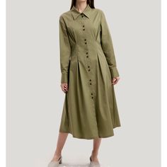 Gentle Herd Cotton-Blend Pleated Shirt Dress. Nwt. Size Large Color Is “Matcha” (Olive Green) Button Down Front Long Sleeves Length: 46.5” Armpit To Armpit: 18” Waist: 15.5” Will Ship The Same Or Next Day M-F. Olive Long Sleeve Midi Dress, Green Long Sleeve Midi Dress With Button Closure, Green Button-up Shirt Dress For Work, Green Long Sleeve Shirt Dress With Button Closure, Green Shirt Dress With Button Closure For Work, Khaki Midi Dress For Work, Khaki Button-up Workwear Dress, Green Midi Dress With Button Closure For Work, Green Cotton Midi Dress For Work