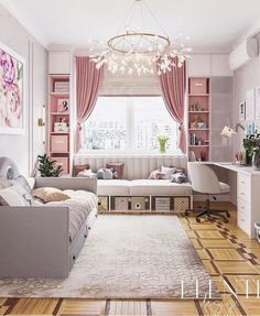 a living room filled with furniture and a chandelier hanging from the ceiling in front of a window