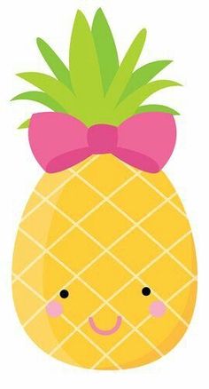 a cartoon pineapple with a pink bow on its head and eyes drawn in the shape of a smiley face