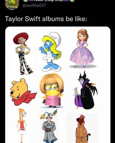 some cartoon characters that are all in different colors and sizes, with the caption'taylor swift albums be like '