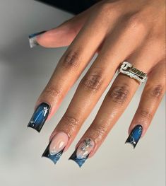 Aura Acrylic Nails Coffin, Birthday Nail Set Ideas June, Pink Blue And Black Nails, Blue Nail Sets Long, Winter Blue French Tip Nails, White And Blue Aura Nails, Blue Aura Nails Square, Navy Blue Aura Nails, Ocean Aura Nails