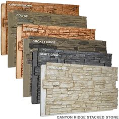 the canyon ridge stacked stone collection is shown in five different colors and sizes, including black, brown, beige, gray, and white