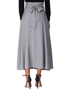 Material: Polyester, Spandex • Dresses Length: Ankle-Length • Style: Vintage • Decoration: Bow • Silhouette: A-Line • Waistline: Empire • Type: Solid • Denim Skirt: Long Skirt Gray Flowy Maxi Skirt, Fitted Ankle-length Maxi Skirt For Summer, Gray Flowy Maxi Skirt For Spring, Gray Stretch Skirt For Spring, Gray Stretch Skirt For Summer, Spring Solid Color Full Length Maxi Skirt, Spring Solid Color Full-length Maxi Skirt, Elegant Gray Maxi Skirt For Spring, Wide Leg Gray Skirt For Spring