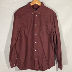 H&M % Thick Cotton, Dark Burnt Sienna Color, Regular Fit, Long Sleeve, Pearly White Button Down, Buttoned Collar, Extra Buttons Attached. Size Large New Without Tags (Has Been Washed) Smoke Free Pet Free Home M4 H&m Collared Shirt With Button Closure, H&m Relaxed Fit Shirt With Button Closure, H&m Relaxed Fit Shirt With Buttons, H&m Tops With Buttons And Relaxed Fit, Burgundy Button-up Shirt With Button Closure, Classic Burgundy Button-up Shirt, H&m Button-up Tops With Pockets, H&m Shirt With Button Closure For Spring, H&m Button Closure Shirt For Spring