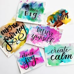 six watercolor cards with the words choose joy, dream, believe yourself and create joy written on them