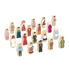 a bunch of wooden cutouts of people in different colors and sizes on a white background