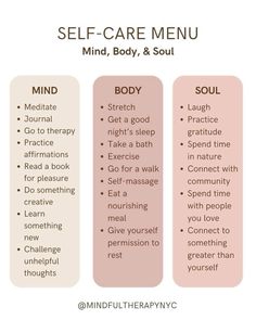 Self care checklist🤍  Credit: @ mindfultherapynyc on instagram  #selfcare #selflove #selfcaretips #selfcareroutine #selfcaresunday #selfcareideas #mindfulness Different Forms Of Self Care, Self Care Stretches, Self Care Needs List, Mind Body Soul Self Care Ideas, Mind Self Care, How To Self Care Tips, Self Care Categories, How To Practice Self Care, Self Care List For Women