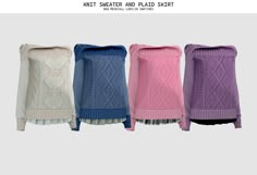 four sweaters in different colors and sizes are shown with the text, knitter and plaid skirt