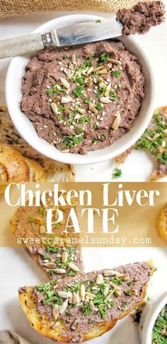 this is a chicken liver pate in a bowl with toasted bread on the side