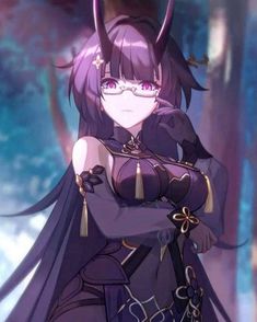 an anime character with purple hair and horns