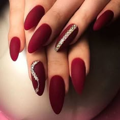 Maroon Nails With Gold Glitter, Matte Red Nails Design, Nail Burgundy, Matte Red Nails, Red Matte Nails, Nail Options, Wedding Nail Art Design, Bridal Nail Art, Solid Color Nails