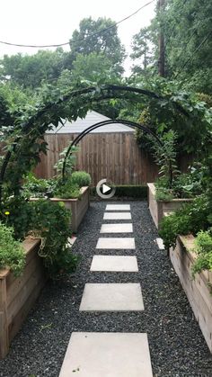 an outdoor garden with stepping stones and plants