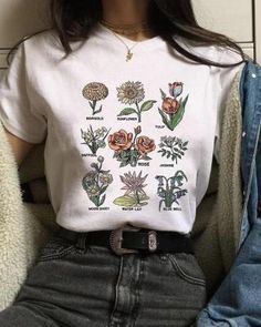 Flower Women's T-shirt Round Neck Short Sleeves Retro Summer Outfits, Girls White T Shirt, Letter Flower, Female Tops, Cottagecore Outfits, Cottagecore Fashion, Tumblr Outfits, Indie Outfits, Flower Plant