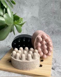 three ceramic objects sitting on top of a wooden board next to a potted plant