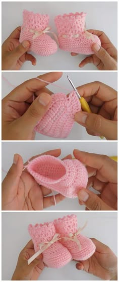 crocheted baby booties being made with yarn