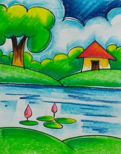 a drawing of a house by the water