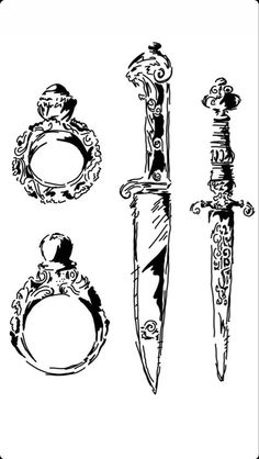 four different types of knifes and knives in black ink on white paper, vintage line drawing or engraving illustration