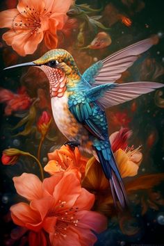 a painting of a hummingbird sitting on top of flowers