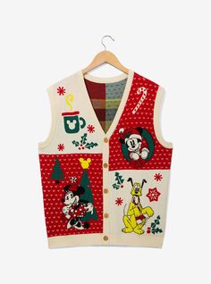 Keep warm in holiday fashion with this Disney-inspired sweater vest! Featuring portraits of Mickey  Minnie  and Pluto on the front  the back includes Daisy  Donald  and Goofy on checkered panels. With holiday icons like holly  mugs  candy canes  and more  this button-up vest is perfect for your next party  movie night  and beyond.A BoxLunch Exclusive!54% recycled polyester; 24% polyester; 22% viscoseListed in unisex sizesWash cold with like colors; dry lowImported Unique Disney Costumes For Women, Christmas Outfit For Work, Mickeys Christmas Party Outfit, Warm Disney Outfits, Christmas Sweater Vest Outfit, Cold Disney Outfits, Disney Outfits Women Winter, Christmas Disney Holiday Top