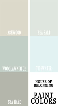 several shades of gray and white with the words house of belonging paint colors on them