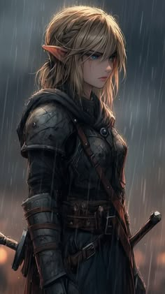 an image of a woman in armor holding two swords and standing in the rain with her eyes closed