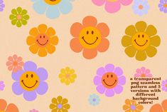 there are many different flowers with faces on them, and the words in the background say happy