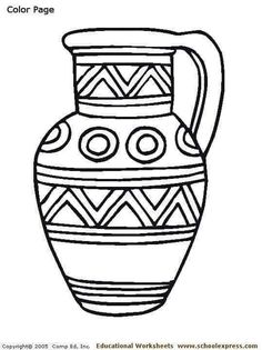 a black and white drawing of a vase with geometric designs on the bottom, in color page