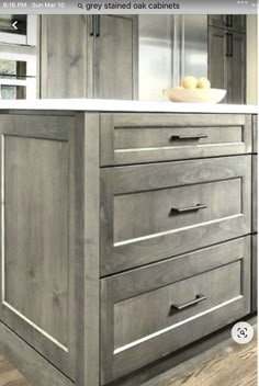 Wooden Island Kitchen, Grey Stained Cabinets, Grey Stained Kitchen Cabinets, Gray Stained Cabinets, Lake House Bar, Cupboard Colour, Driftwood Kitchen, Kitchen Cupboard Colours, Cabinet Stain