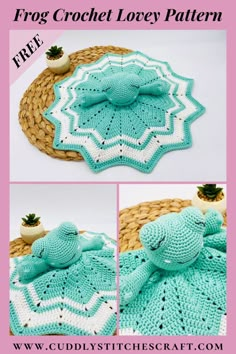 the crocheted frog is sitting on top of a basket with a pot holder