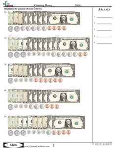 the money bill worksheet is shown with numbers and symbols in each row,