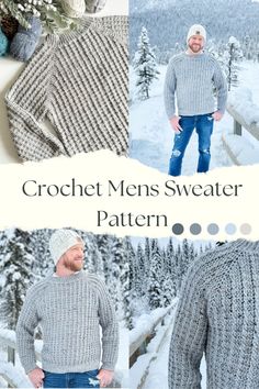 the crochet men's sweater pattern is shown in three different colors and sizes