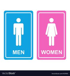 two men and women restroom signs with the same person on one sign in pink and blue