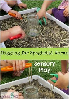 children are playing with some dirt in a garden and digging for spaghetti worms to eat