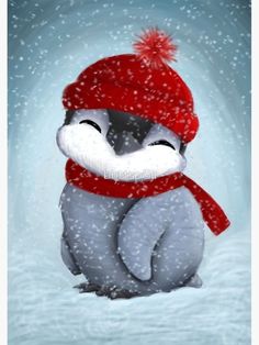 a painting of a penguin wearing a red knitted hat and scarf, sitting in the snow