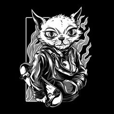 a black and white drawing of a cat wearing a leather jacket with flames on it