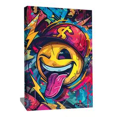 a colorful canvas with a smiley face wearing a hat and tongue sticking out its tongue