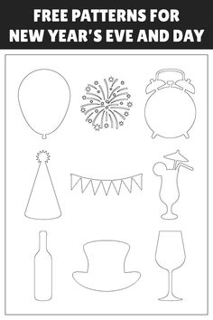 the new year's eve and day coloring page with balloons, hats, and other items