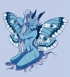 a blue fairy sitting on the ground with her wings spread out and eyes drawn in