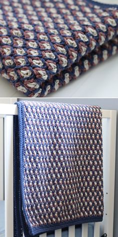 two pictures of a blue and white crocheted blanket