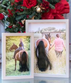 two pictures of horses in front of a christmas tree with red flowers and greenery