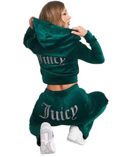 Juicy Couture Velour  Jade Green Tracksuit  MSRP: $199.00  "J" pull zipper, kangaroo pockets. Luxe Velour: 95% Polyester, 5% Spandex Machine wash cold: turn inside out, delicate cycle. Tumble dry low.  Cool iron if needed. Do not iron decoration. Juicy Set Outfit, Juicy Set, Green Juicy Couture, Juicy Couture Track Suit, Juicy Couture Clothes, Fluffy Sliders, 90s Shoulder Bag, Velour Hoodie, Plus Size Shopping