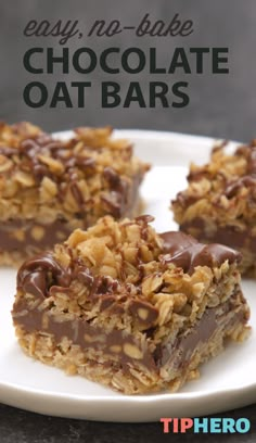 chocolate oat bars on a white plate with the words easy no - bake chocolate oat bars