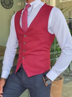 Red Slim Fit Linen Vest-baagr.myshopify.com-suit-BOJONI Red Vest Outfit, Vest Outfits Men, Wedding Vest, Linen Vest, Claret Red, Red Vest, Cotton Vest, Vests Mens, Vest Outfits